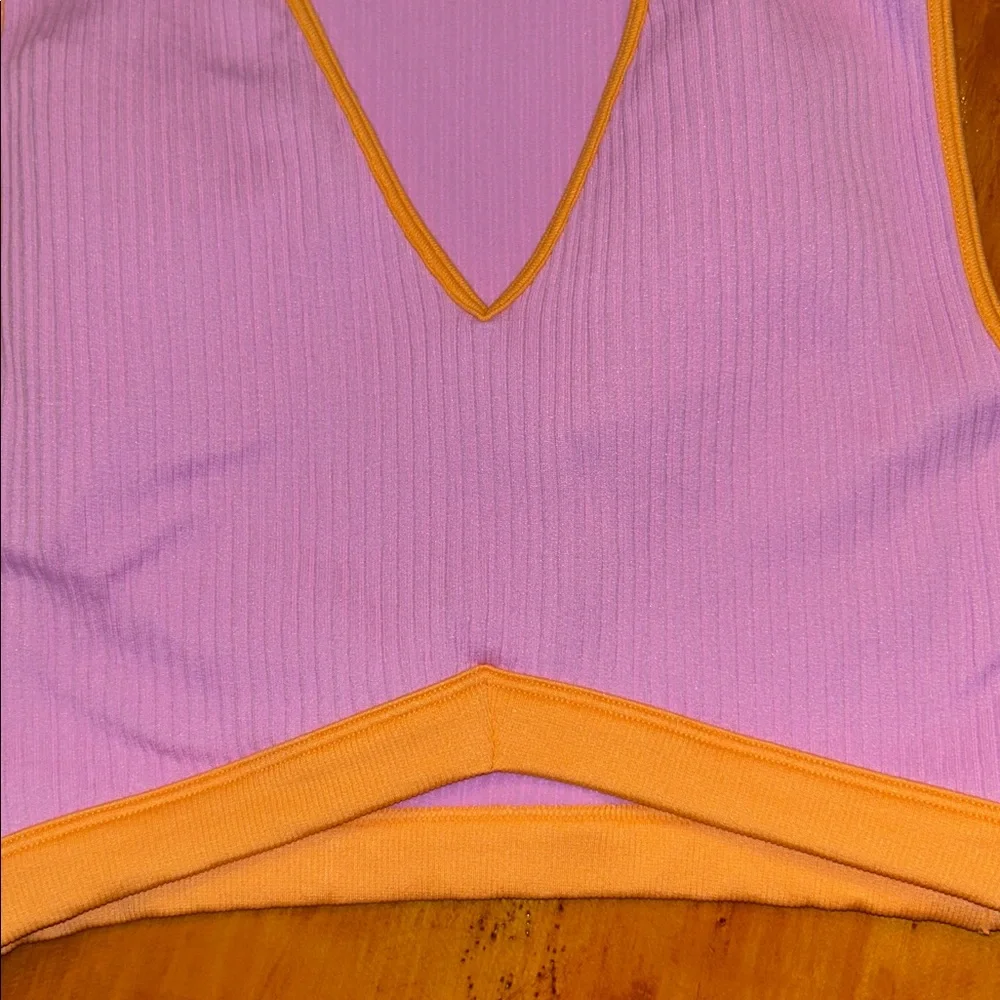Y2K Sporty Chic Purple Orange Ribbed V-Neck Crop Top Crossover Hem Sleeveless - Picture 7 of 7